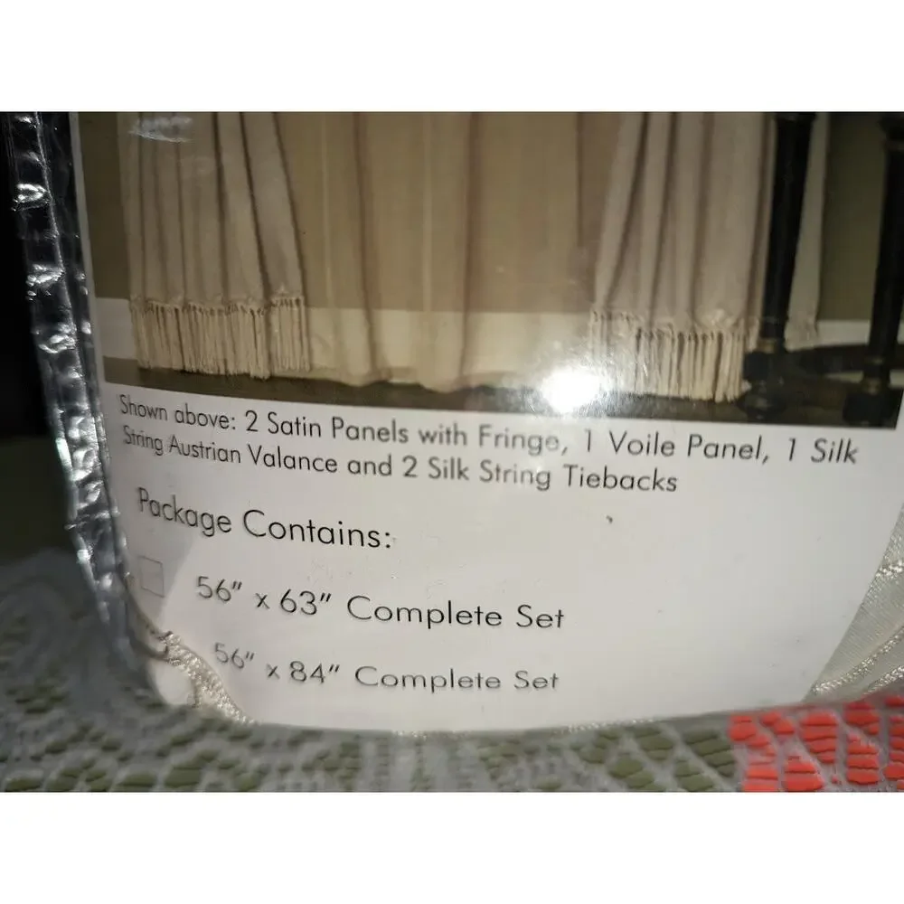 Halley Complete 6 Piece Satin Fringe Window Curtain Set 56 x 84  Ivory NEW